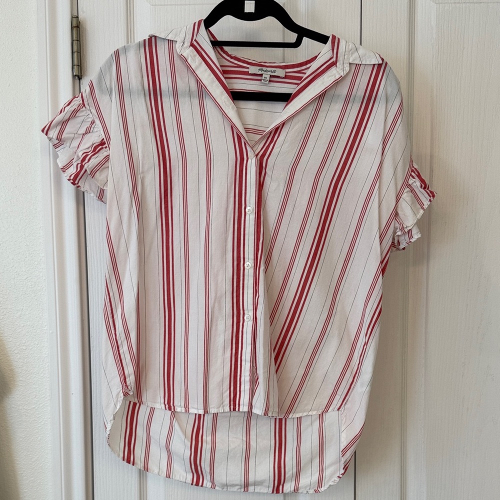 Madewell Red & White Striped Button Front Popover Top XS Casual Summer Blouse
